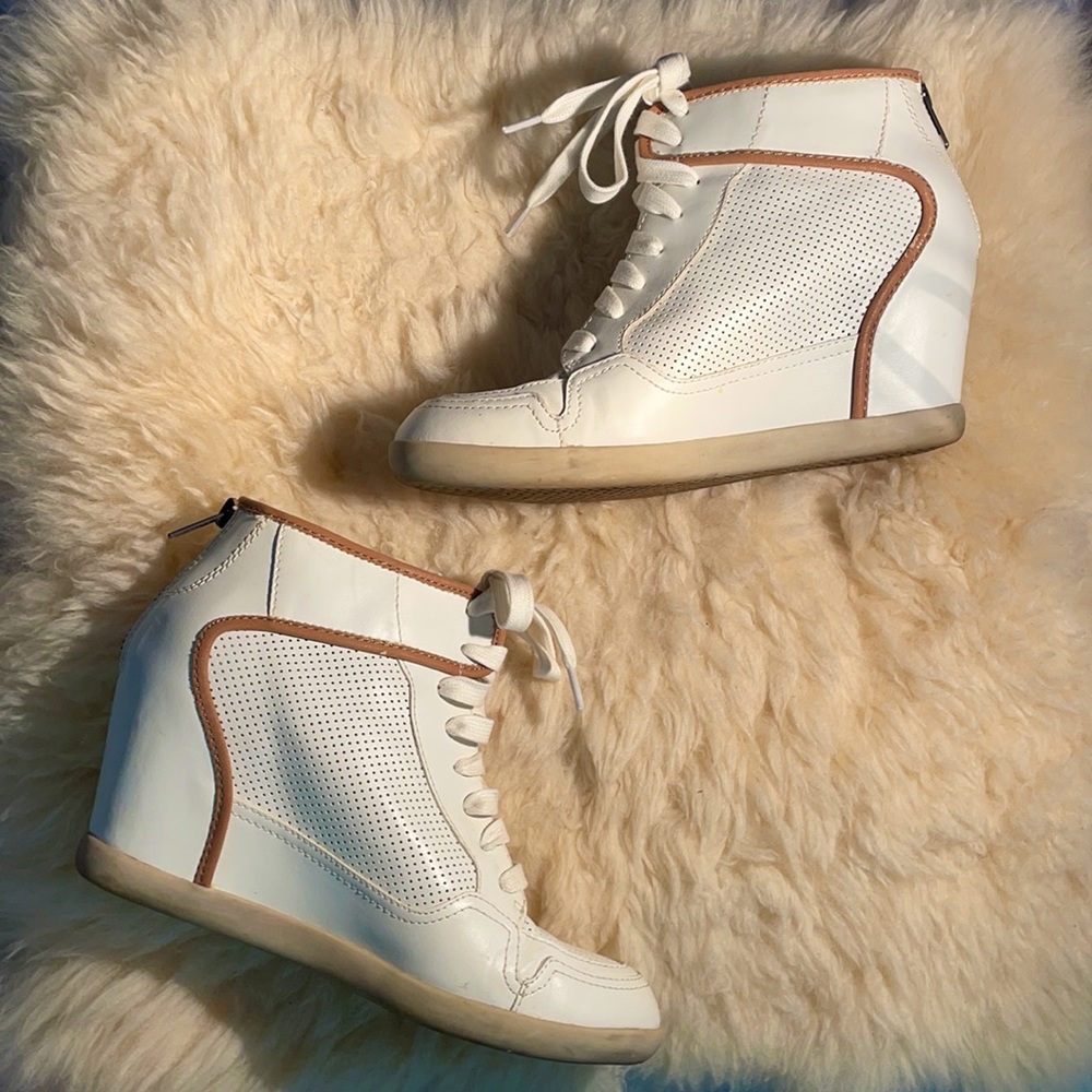 white lace-up wedge sneakers